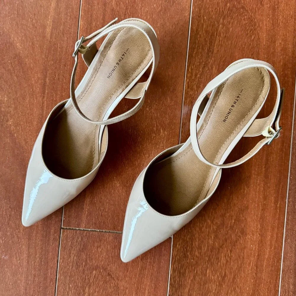 14th & Union Cream Patent Leather Pointed Toe Kitten Heel Slingback Heels 8M